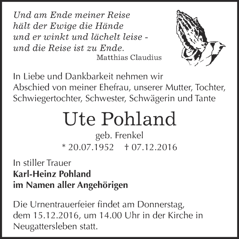  Traueranzeige für Ute Pohland vom 10.12.2016 aus Super Sonntag Bernburg