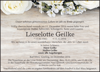 Traueranzeige von Lieselotte Geilke von Mitteldeutsche Zeitung Naumburg/Nebra