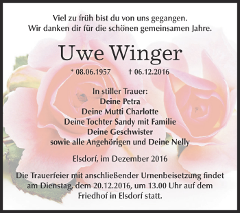 Traueranzeige von Uwe Winger von WVG - Wochenspiegel Dessau / Köthen