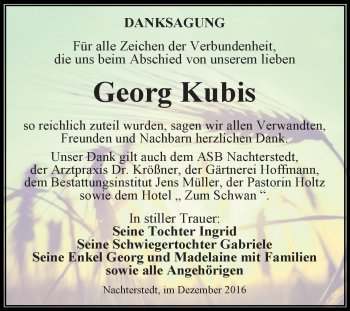 Traueranzeige von Georg Kubis von Super Sonntag Aschersleben