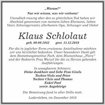 Traueranzeige von Klaus Schlolaut von WVG - Wochenspiegel Merseburg