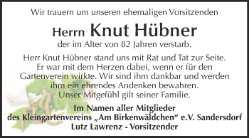 Traueranzeige von Knut Hübner von WVG - Wochenspiegel Bitterfeld