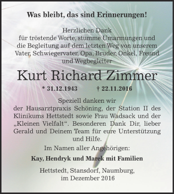 Traueranzeige von Kurt Richard Zimmer von Wochenspiegel Mansfelder Land