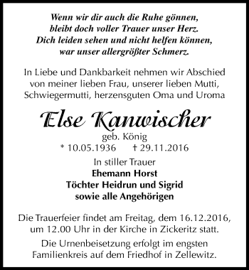 Traueranzeige von Else Kanwischer von Mitteldeutsche Zeitung Bernburg