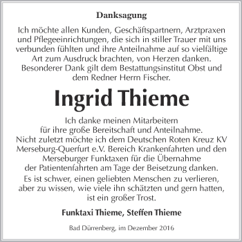 Traueranzeige von Ingrid Thieme von Super Sonntag Merseburg