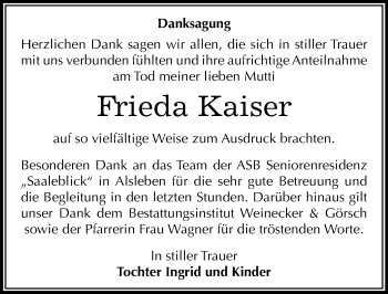 Traueranzeige von Frieda Kaiser von Mitteldeutsche Zeitung Bernburg
