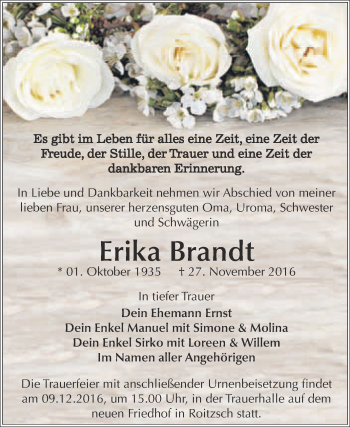 Traueranzeige von Erika Brandt von WVG - Wochenspiegel Bitterfeld