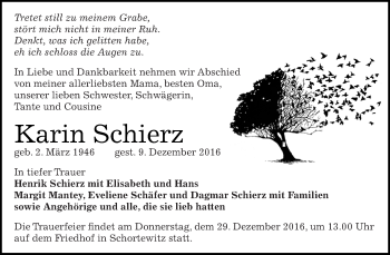 Traueranzeige von Karin Schierz von WVG - Wochenspiegel Dessau / Köthen
