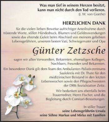 Traueranzeige von Günter Zetzsche von Super Sonntag Zeitz