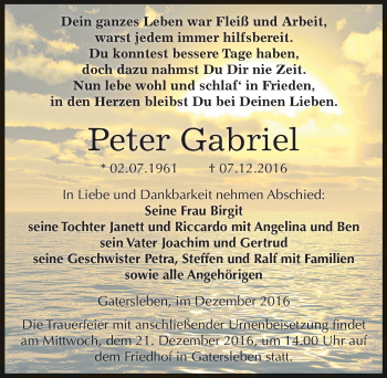 Traueranzeige von Peter Gabriel von Mitteldeutsche Zeitung Aschersleben
