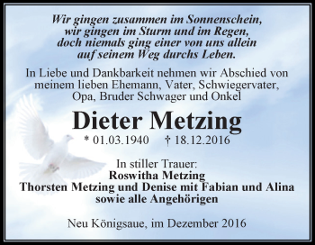 Traueranzeige von Dieter Metzing von Super Sonntag Aschersleben