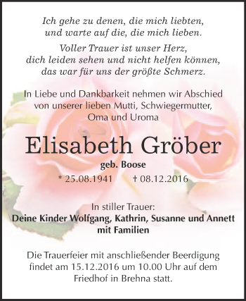 Traueranzeige von Elisabeth Gröber von WVG - Wochenspiegel Bitterfeld