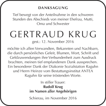 Traueranzeige von Gertraud Krug von WVG - Wochenspiegel Bitterfeld