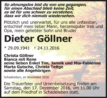 Traueranzeige von Dieter Göllner von Mitteldeutsche Zeitung Aschersleben