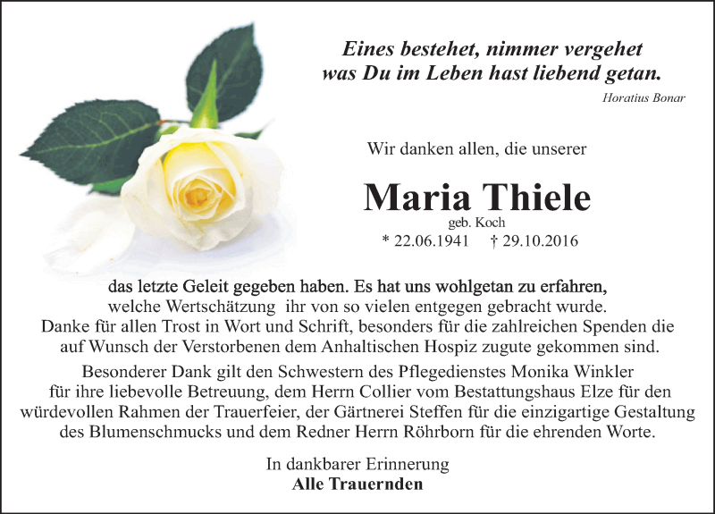 Traueranzeige für Maria Thiele vom 14.12.2016 aus Mitteldeutsche Zeitung Dessau-Roßlau