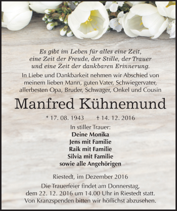 Traueranzeige von Manfred Kühnemund von Mitteldeutsche Zeitung Sangerhausen