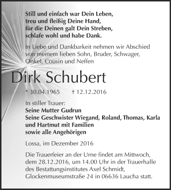 Traueranzeige von Dirk Schubert von WVG - Wochenspiegel NMB / WSF / ZTZ