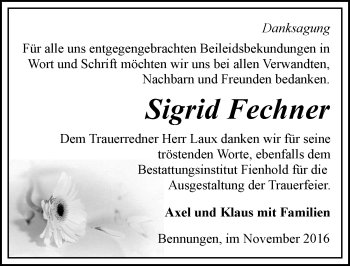 Traueranzeige von Sigrid Fechner von Mitteldeutsche Zeitung Sangerhausen