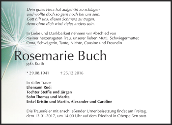 Traueranzeige von Rosemarie Buch von Super Sonntag Bernburg