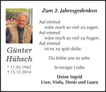 Traueranzeige von Günter Hübsch von Mitteldeutsche Zeitung Wittenberg
