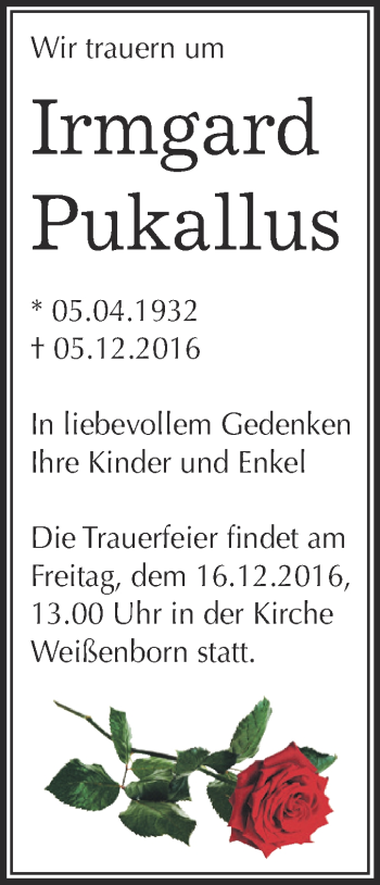 Traueranzeige von Irmgard Pukallus von Super Sonntag Zeitz