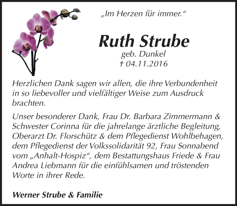  Traueranzeige für Ruth Strube vom 03.12.2016 aus Mitteldeutsche Zeitung Dessau-Roßlau
