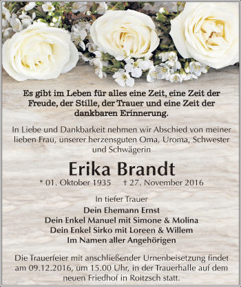 Traueranzeige von Erika Brandt von Mitteldeutsche Zeitung Bitterfeld