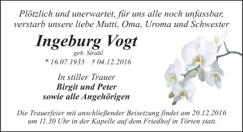 Traueranzeige von Ingeburg Vogt von Mitteldeutsche Zeitung Köthen