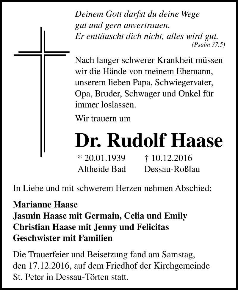  Traueranzeige für Rudolf Haase vom 21.12.2016 aus WVG - Wochenspiegel Bitterfeld