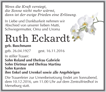 Traueranzeige von Ruth Eckardt von Mitteldeutsche Zeitung Merseburg/Querfurt