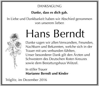 Traueranzeige von Hans Berndt von Mitteldeutsche Zeitung Zeitz