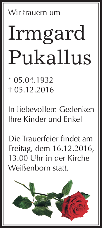 Traueranzeige von Irmgard Pukallus von Mitteldeutsche Zeitung Zeitz