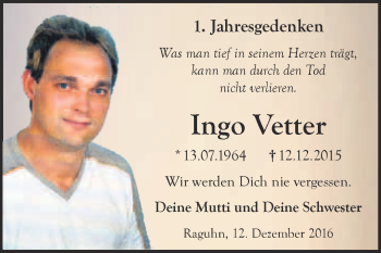 Traueranzeige von Ingo Vetter von WVG - Wochenspiegel Bitterfeld