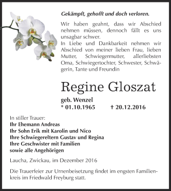 Traueranzeige von Regine Gloszat von WVG - Wochenspiegel NMB / WSF / ZTZ