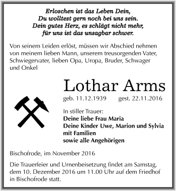 Traueranzeige von Lothar Arms von Mitteldeutsche Zeitung Mansfelder Land