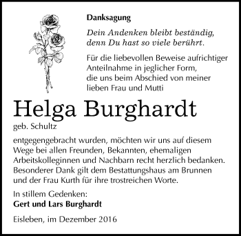Traueranzeige von Helga Burghardt von Mitteldeutsche Zeitung Mansfelder Land