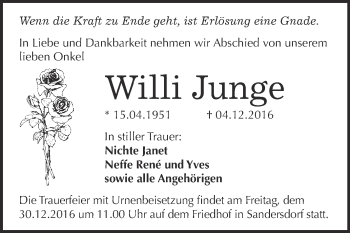 Traueranzeige von Willi Junge von WVG - Wochenspiegel Bitterfeld