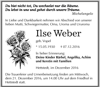 Traueranzeige von Ilse Weber von Mitteldeutsche Zeitung Mansfelder Land