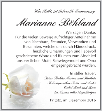 Traueranzeige von Marianne Böhland von Mitteldeutsche Zeitung Weißenfels