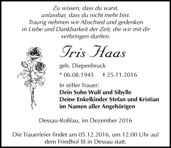 Traueranzeige von Iris Haas von Mitteldeutsche Zeitung Dessau-Roßlau
