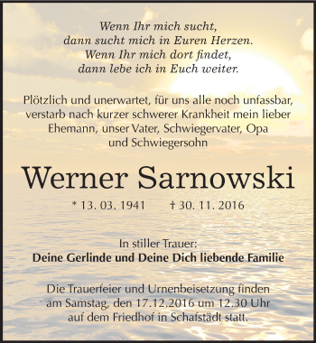 Traueranzeige von Werner Sarnowski von Mitteldeutsche Zeitung Merseburg/Querfurt