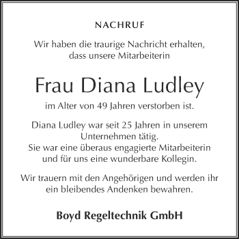 Traueranzeige von Diana Ludley von WVG - Wochenspiegel Merseburg