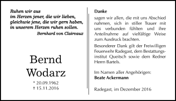 Traueranzeige von Bernd Wodarz von Mitteldeutsche Zeitung Köthen