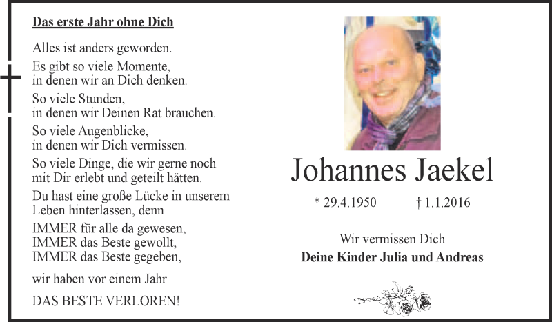  Traueranzeige für Johannes Jaekel vom 31.12.2016 aus Super Sonntag Wittenberg