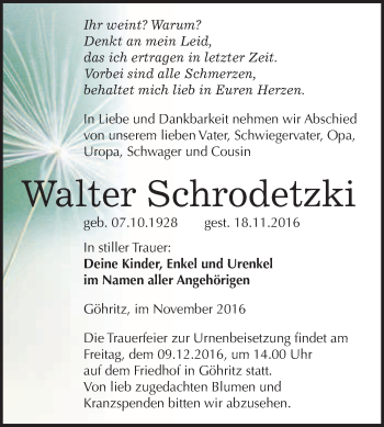 Traueranzeige von Walter Schrodetzki von WVG - Wochenspiegel Merseburg