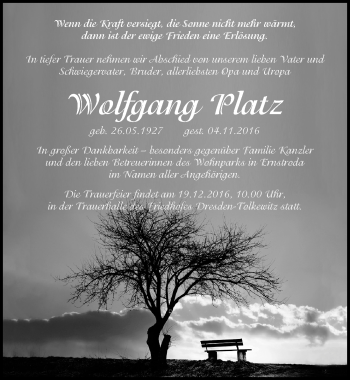 Traueranzeige von Wolfgang Platz von Mitteldeutsche Zeitung Dessau-Roßlau