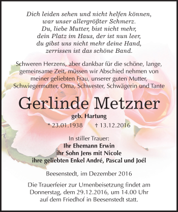 Traueranzeige von Gerlinde Metzner von Mitteldeutsche Zeitung Halle/Saalkreis