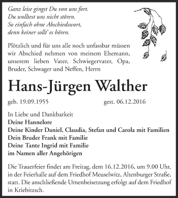 Traueranzeige von Hans-Jürgen Walther von Super Sonntag Zeitz