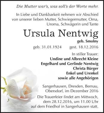 Traueranzeige von Ursula Nentwig von Mitteldeutsche Zeitung Sangerhausen
