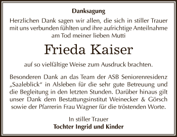 Traueranzeige von Frieda Kaiser von Super Sonntag Bernburg
